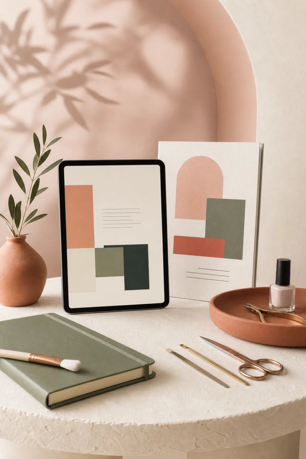 Toolkit digitale Avora Studio su tablet con materiali coordinati per saloni beauty